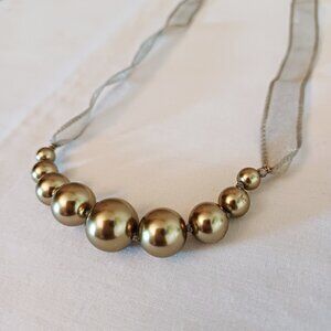 BUY 2 GET 1 FREE! Vintage Monet Olive Green Pearl & Ribbon Necklace